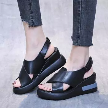 Summer new slope heel sandals female open toe 2024 winter fairy wind platform muffin cross one-button sandals female 35 чёрный