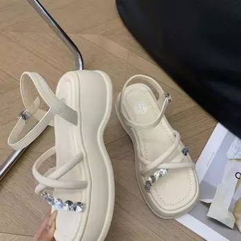 Summer new slope heel toe sandals women s rhinestone word with open toe silver thick-soled cool slippers 35