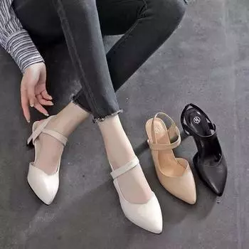 Summer New Soft Leather High-heeled Shoes Women Pointy Head Casual One Word Elastic Band High-heeled Sandals 34 чёрный