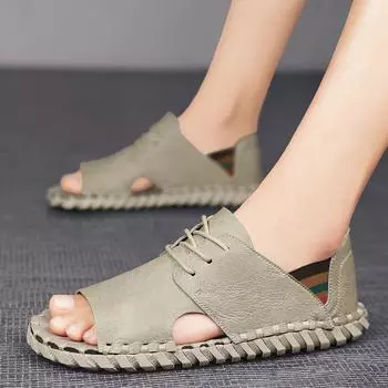 Summer new soft-soled casual leather shoes summer breathable hollow hole hand-sewn sandals Roman men s shoes 39 чёрный