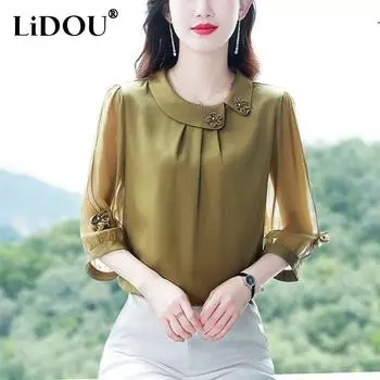 Summer New Solid Color Doll Collar Patchwork Blouse Ladies Elegant Fashion 3/4 Sleeve All-match Vintage Top Women Chiffon Shirt L розовый