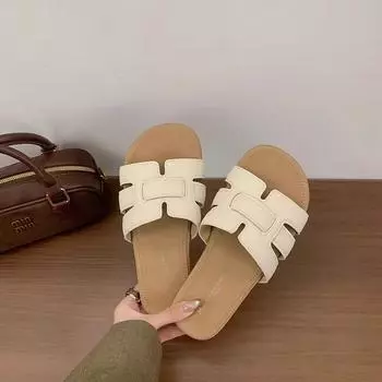 Summer new square head slippers retro woven flat heel versatile casual fashion cool slippers 35