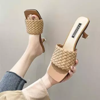 Summer New Square Headed Black Rhinestone Slim Sandals with Thin Heels and High Heels for Women 35 чёрный