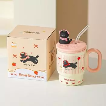 Summer New Straw Cup Doodle Animal Ceramic Water Cup with Lid Cartoon Mug Cute Birthday Gift 301-400ml