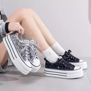 Летние новые студенческие туфли с блестками, универсальные, на толстой подошве, повседневная обувь для весны и лета 35 чёрный