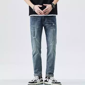 Summer New Style Fashionable Daily Casual Slim Fit Small Straight Feet Blue Ripped Jeans Men s Trousers 28 синий