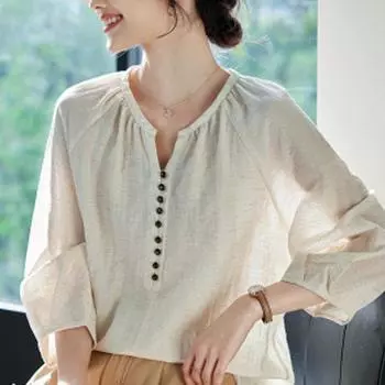 Summer new style Korean version of the wild loose V-neck five-point sleeve shirt, elegant temperament ladies shirt top S
