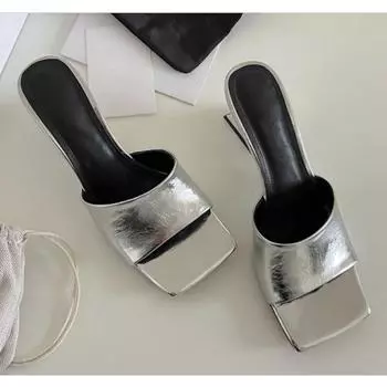 Summer New Style Women s Wedges Heel Slippers Elegant Square Toe Slip on Slides Outdoor Dress Street Style Shoes Zapatos Mujer 35