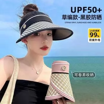 Summer new sunscreen hat fashion thousand bird grid hat vinyl UV protection big edge empty top hat seaside beach hat without windbreak rope чёрный