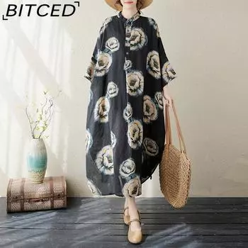 Летние новые темпераментные литературные ретро хлопковые льняные принты с воротником-стойкой свободные платья большого размера для праздников One Size чёрный