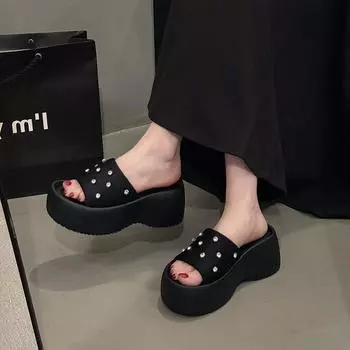 Summer new temperament rhinestone square head open-toed thick-soled cool slippers women wear height-increasing casual shoes 35