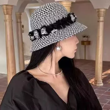 Summer new temperament thousand bird grid flower straw hat versatile retro elegant vacation travel sunshade sunscreen bucket hat 56-58