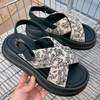 Summer New Thick Bottom Roman Sandals For Women Summer Casual Beach Shoes Print Platform Flats Women Sandals Shoes Size 35-40 35 чёрный