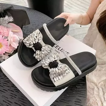 Summer new thick-bottomed rhinestone bow cool slippers women s summer outer wear versatile with skirt flat bottom drag 35