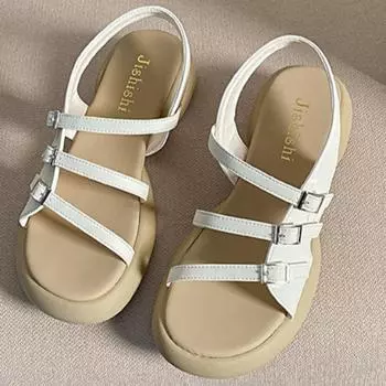 Летние Новые Босоножки на Толстом Каблуке Круглый Носок Открытый Носок Металлическая Пряжка Водонепроницаемая Платформа Противоскользящие Износостойкие Туфли на Каблуке 35