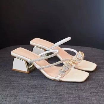 Summer new thick heel sequin thin strap flash diamond Korean version square head high heel women s shoes fashion women s sandals 35 синий