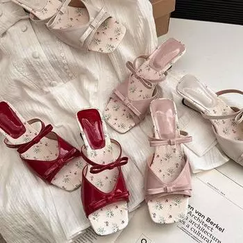 Summer new thick-heeled women s shoes simple one-word bow Korean version open-toed high-heeled fashion outer wear mother sandals 35 белый