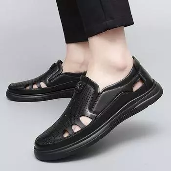 Summer New Thick Sole Business Sandals Outdoor Soft Sole Breathable Shoes Fashion High-quality Genuine Leather Sandals for Men 38 чёрный