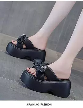 Summer new thick-soled muffin bottom non-slip round head bow women s high heels ins super fire sandals slippers 34