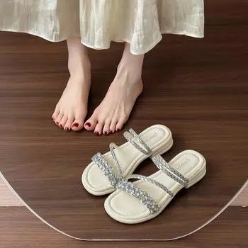 Summer new thin strap square head rhinestone high heels thick heel slippers with fashionable outer wear cool slippers women 35