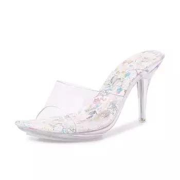 Summer new transparent crystal heel cool slippers women s color fashion car model catwalk large size high heels 35