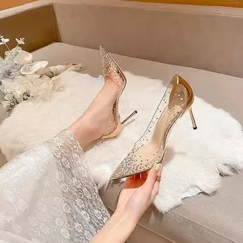 Summer New Versatile Fairy Style Transparent High Heels Pointed Toe Stiletto Heels Rhinestone Crystal Shoes Wedding Shoes Bride 34 золотой