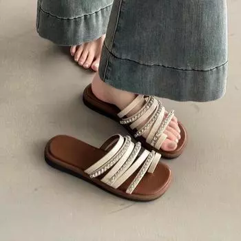 Summer new versatile flat-bottomed sandals round head non-slip temperament one-word drag fairy rhinestone cover toe slippers 35 чёрный