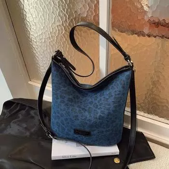 Summer new versatile leopard print bucket bag niche retro shoulder bag casual commute simple messenger bag синий