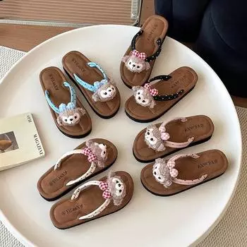 Summer new versatile soft bottom cool beach flat bottom casual girl heart bear cute flip-flops outdoor slippers 35 чёрный
