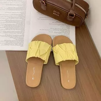 Summer new wear simple pleated casual cool slippers women s flat-bottomed lazy retro beach one-word drag 35