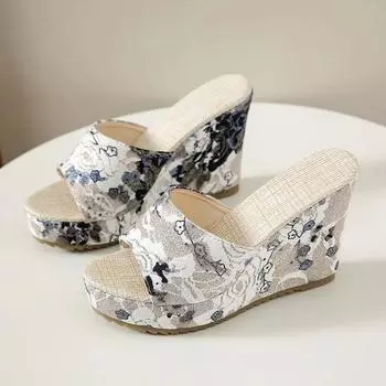 Summer new wedge heel women s shoes Fashion open toed Women sandals Casual comfortable Flip Flops Floral Print high Slippers 35 белый