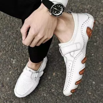 Summer New White Perforated Leather Shoes Men s Octopus Sole Casual Sneakers Genuine Leather Men Loafers Slip on Outdoor Shoes 38 чёрный