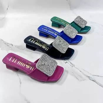 Summer New Women High Heels Rhinestone Slippers Fashion Chunky Heels Square Toe Casual Beach Miller Sandals Sandalias De Mujer 37 чёрный