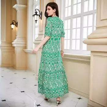 Summer new women s loose medium-sleeved dress printed beach dress S зелёный
