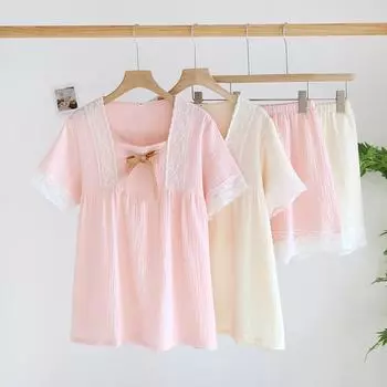 Летний новый женский пижамный комплект из 100% хлопкового крепа, милые шорты с коротким рукавом, комплект из двух предметов, повседневный домашний женский M