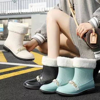 Summer New Women s Rain Boots Fashion Trend Waterproof Non-Slip Thick Bottom Metal Decoration Plus Cotton Warm Rain Boots 36-40 36 белый