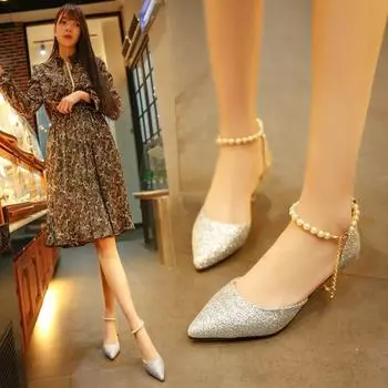 Summer new women s sandals pointed Korean version fashion sequin high heels women s beaded women s sandals tide 34 чёрный