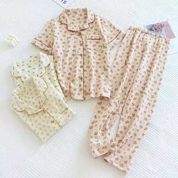 Летний новый женский комплект из 100% хлопкового крепа с коротким рукавом и длинными рукавами, комплект из двух предметов, домашняя одежда с тонким цветочным принтом, пижама M