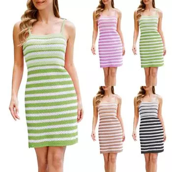 Новая летняя женская сексуальная вязаная юбка на подтяжках, полосатое пляжное платье с цветными блоками L чёрный