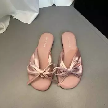 Summer New Women s Shoes 2024 Fashionable Women s Flat Shoes Solid Color Daily Style Cloth Bow Decorated Women s Slippers 35 бежевый