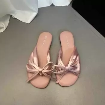 Summer New Women s Shoes 2024 Fashionable Women s Flat Shoes Solid Color Daily Style Cloth Bow Decorated Women s Slippers 35 бежевый