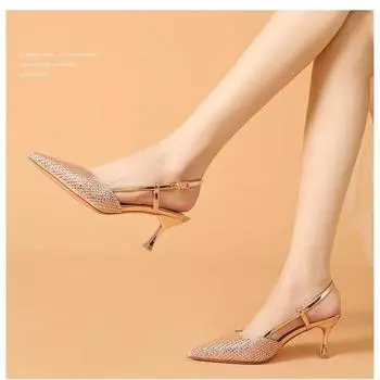 Summer new women s shoes Baotou ethnic style flash diamond one-word buckle sandals thin heel Korean version fashion high heel single sandals 35