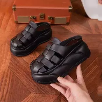Summer new women s shoes platform bag head slippers Korean version hole hole plaid slope heel outdoor sandals beach sandals 35 чёрный