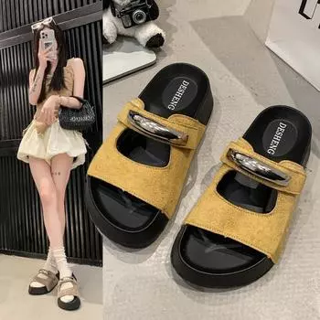 Summer new women s shoes platform open-toed simple hollow metal buckle slippers Korean version outdoor beach mother drag sandals 35 розовый