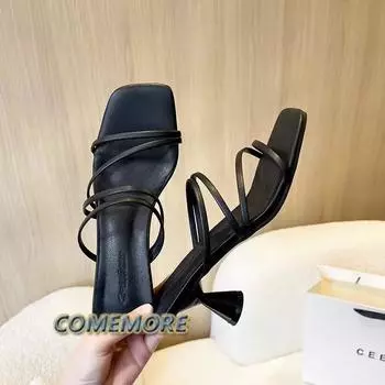 Summer New Women s Slippers Square Toe Grace Narrow Band Solid Casual Sandals High Heels Ladies Shoes Sexy Party Black Slippers 34 бежевый