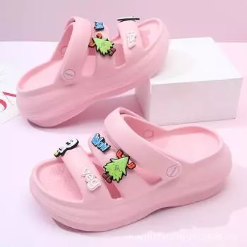 Summer new women s small tree decoration one-word drag thick bottom non-slip wear-resistant fashion simple casual indoor cool slippers 35-36 розовый