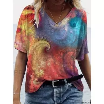 Summer New Women s T-shirt 3D Retro Printing V-neck Short Sleeve Shirt Fashion Ladies T-shirt Clothing Y2k Women s T-shirt S