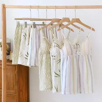 Летний новый женский комплект из двух предметов, пижама из 100% хлопкового крепа с накладками на грудь, милая и симпатичная для дома M