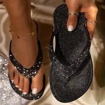 Летние Новые Женские Вьетнамки V-образной формы, Сандалии для ног, Повседневные, со стразами, пайетками, Пляжные сандалии 35