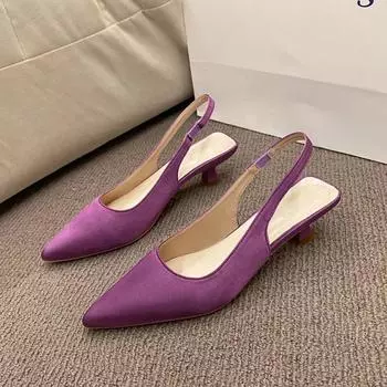 Summer New Women Sandals Heel Ladies Shoes Pointed Toe Solid Female Women s Shoes Back Strap Slip on Chaussure Femme Zapatillas 35 бежевый